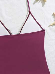 SHEIN 2件套少女碎花花瓣滚边弹力速干舒适针织泳衣套装，适合海滩、泳池、海边、冲浪、度假、夏季旅行。夏季女童泳装，比基尼吊带上衣，碎花比基尼泳衣，粉色花朵泳衣，粉色碎花吊带背心式泳衣，夏季泳装。 - 紫色 - 查看 4