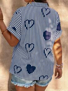 SHEIN LUNE Plus Size Front Button Heart Casual Loose Batwing Sleeve Blouse,Valentine - Blue and White - View 2