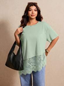 Elaquor Plus Size Summer Casual Solid Color Lace Patchwork T-Shirt - Mint Green - View 8