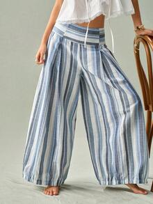 Quần ống rộng cạp cao xếp ly kiểu Bohemian màu xanh trắng kẻ sọc dọc, chất liệu cotton pha lanh, thiết kế lưng thun, dáng rộng và tôn dáng, phù hợp cho đi làm, mặc hàng ngày và đi nghỉ mát. - Xanh và trắng - Xem 6