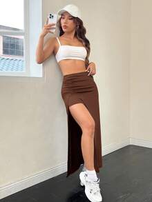 SHEIN EZwear Coffee Solid Color High Waist Slit Skirt - Coffee Brown - View 5