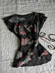 Glimmora Women's Spring/Summer New Floral Print V-Neck Bow Tie Waist Ruffle Sleeve Blouse - Black - View 3