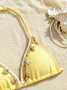 SHEIN Bộ bikini buộc cổ yếm họa tiết vỏ sò dành cho bé gái tuổi teen, tinh tế và thanh lịch, mang đến cảm giác nghỉ dưỡng. - Màu vàng - Xem 3