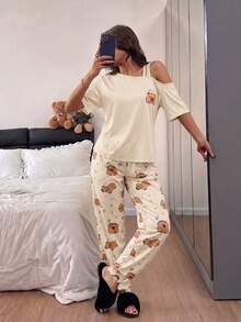 Napfluff Conjunto de pijama con estampado de animales de dibujos animados, de manga corta y hombro asimétrico - Multicolor - Ver 5