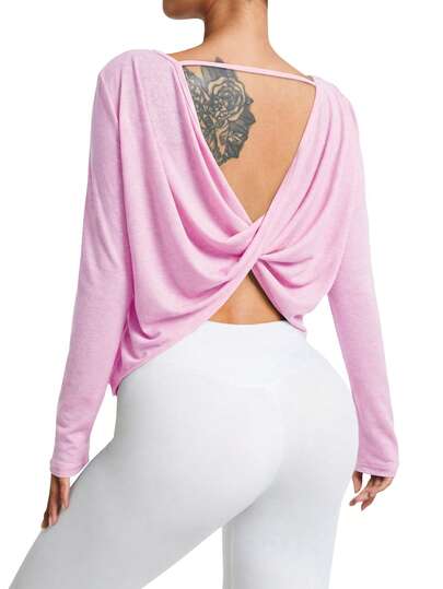 Easithlete Women's Minimalist Versatile Backless Knotted Long Sleeve Sheer Sports T-Shirt