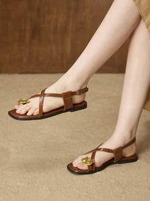 MOTF PREMIUM LADIES SUMMER FASHION CASUAL COMMUTER VACATION METAL DECOR POST TOE CROSS STRAP STRAP FLAT SANDALS SUMMER SHOES - Brown - View 6