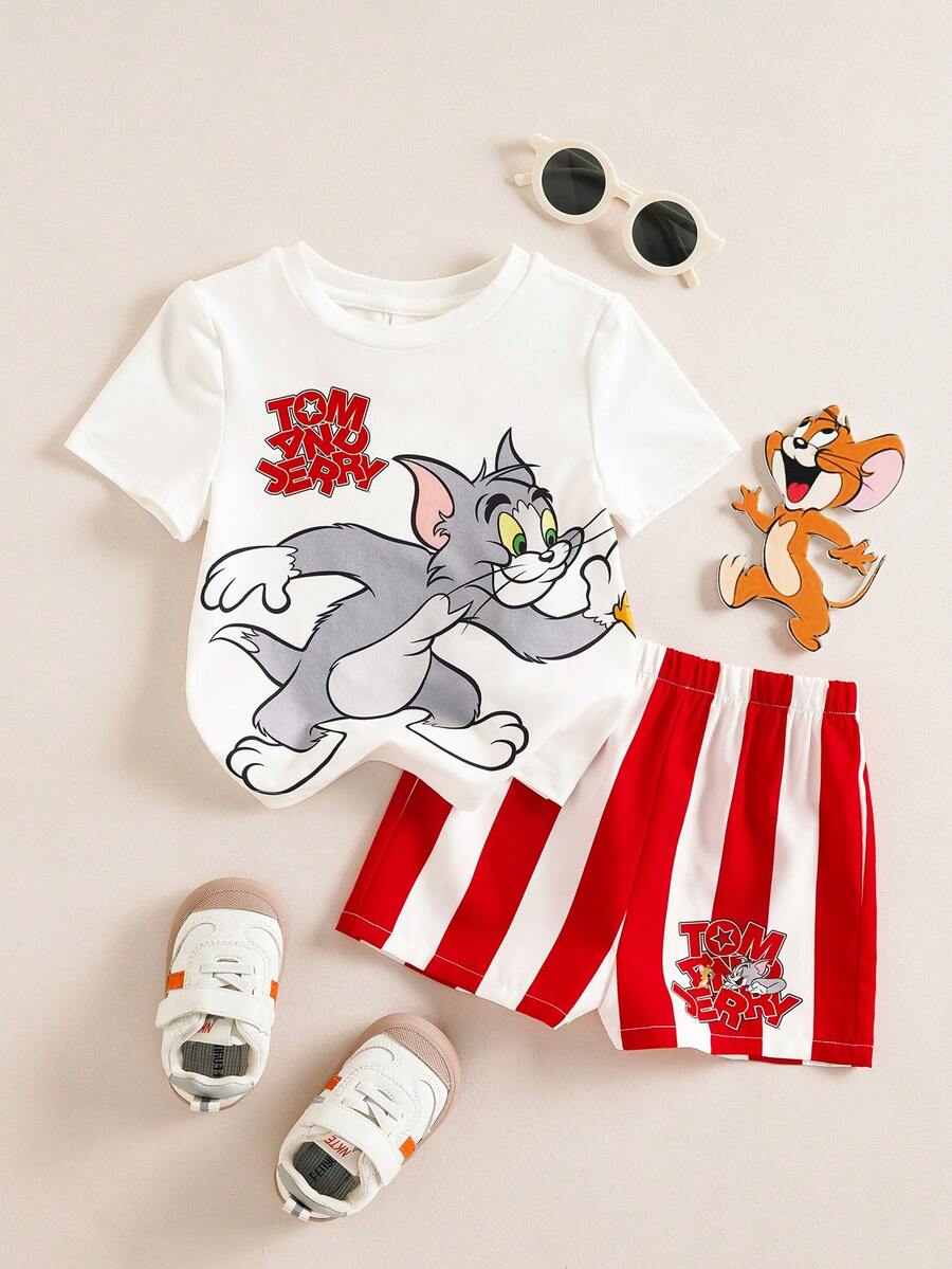 TOM & JERRY X SHEIN 2 Stücke Baby Jungen Sommer süßer Cartoon Katzen Muster Rundhals Kurzarm T-Shirt und Shorts Set - Rot-Weiß - Übersicht 1