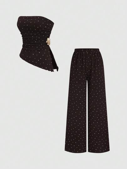 Sweetra Spring/Summer Fashion New Vintage Pleated Halter Metal Buckle Waist Slimming Asymmetrical Hem Top & Wide Leg Pants Elegant Brown Polka Dot 2-Piece Set For Women