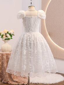Abito bianco con texture in pizzo floreale, vita stretta, maniche a cappuccio e scollo rotondo, elegante abito in pizzo per adolescenti, adatto per matrimoni, feste, raduni, occasioni formali, matrimonio estivo - Bianco - Visualizzare 2