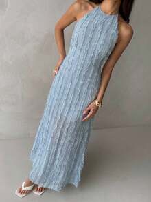 Aloruh Vestido largo con textura, escote en la espalda y recortes, elegante y sexy para vacaciones, de estilo minimalista casual - Azul - Ver 6