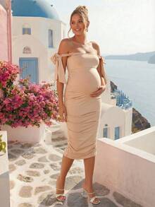 Loomaby Elegant Solid Color Off-Shoulder Fitted Maternity Dress For Summer - Khaki - View 4