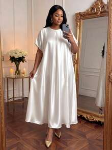 SHEIN Lady CURVE 大码优雅纯色连衣裙，夏季 - 白色 - 查看 2