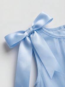 SHEIN Glamorique Kids 年轻女孩优雅高贵奢华蓝色无袖圆领设计可爱蓝色蝴蝶结可拆卸华丽双层薄纱蓬蓬裙正式礼服 - 藍色 - 查看 7