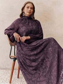 Anewsta Plus Size Women's Brown Chiffon Cutout Floral Stand Collar Lantern Sleeve Tie Back Elegant Dress Fall - Purple - View 1
