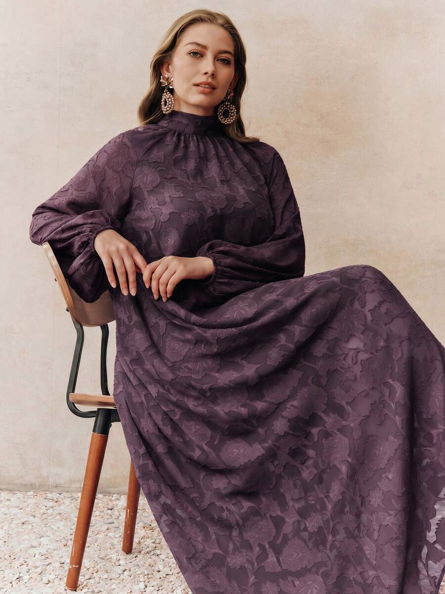 Anewsta Plus Size Women's Brown Chiffon Cutout Floral Stand Collar Lantern Sleeve Tie Back Elegant Dress Fall - Purple - View 1