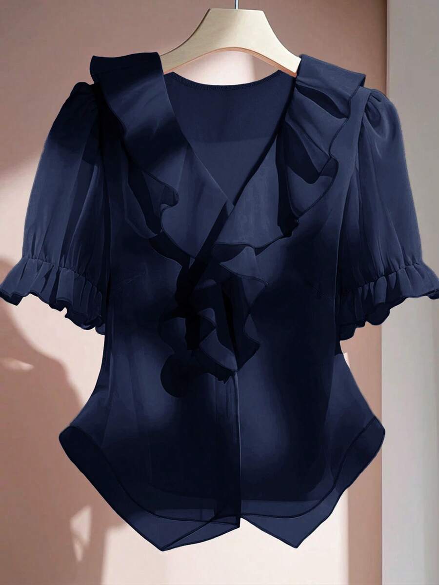 SHEIN Clasi Blusa con volantes versátil para mujer de talla grande - Azul Marino - Ver 1