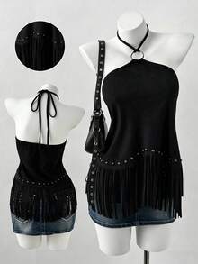 Sunspun Plus Size Tie-Up Asymmetrical Hem Tassel Beaded Backless Halter Top - Black - View 1