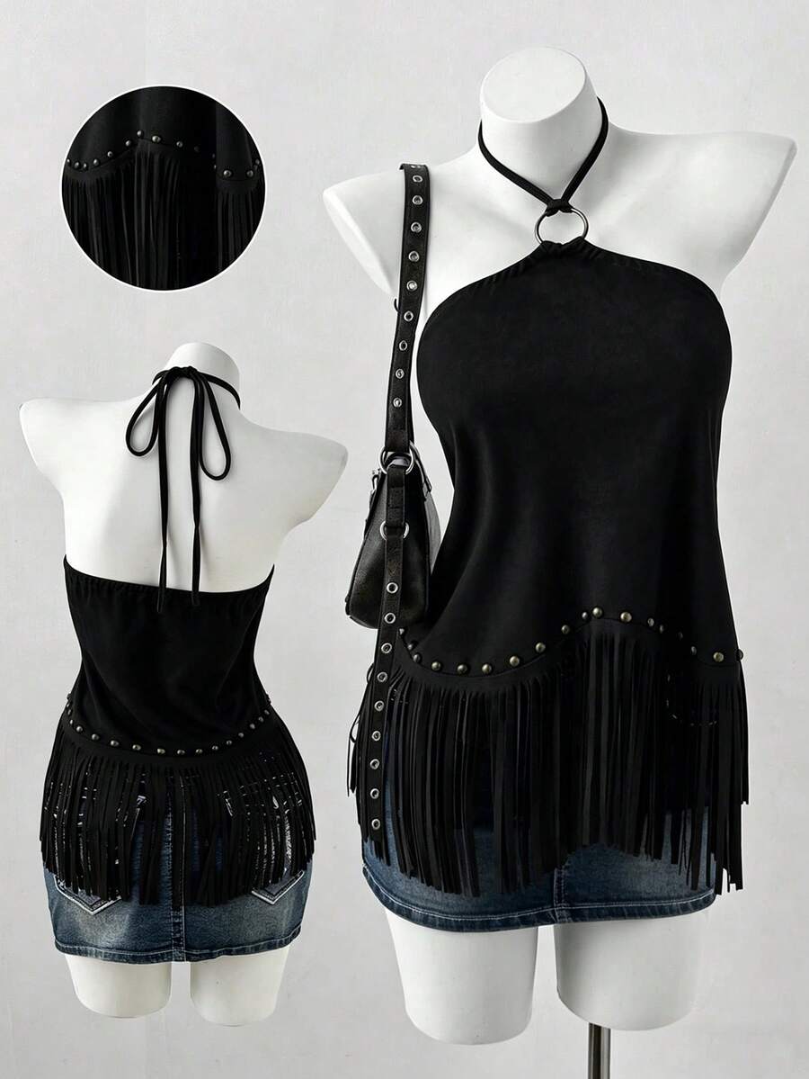 Sunspun Plus Size Tie-Up Asymmetrical Hem Tassel Beaded Backless Halter Top - Black - View 1