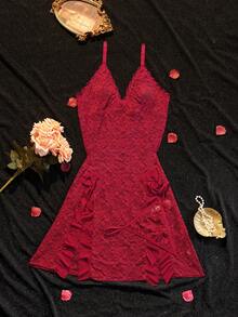 Seduluxe Set de 2 piezas de lencería de talla grande con vestido de tirantes transparente y encaje color vino tinto - Burdeos - Ver 4
