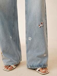 Anewsta Washed Blue Small Dog Embroidered Denim Pants - Blue - View 3