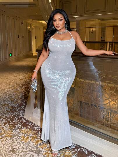 NU&NOW Plus Size Women's Solid Color Halter Elegant Waist Gathering Party Dress