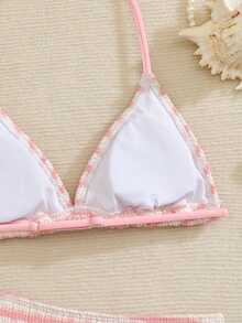 SHEIN Bộ bikini màu be trơn mới dành cho thiếu nữ, đồ bơi đơn giản thích hợp cho kỳ nghỉ biển. - Hồng - Xem 3