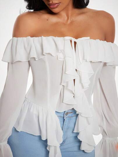 Radiana Blusa de gasa blanca con volantes y hombros descubiertos, estilo romántico y vacacional para mujer. Versátil y todo a juego, con estilo vintage, adecuada para ir a la oficina, salidas casuales, compras, reuniones, vacaciones, playa, citas, festivales de música, fiestas y cumpleaños.