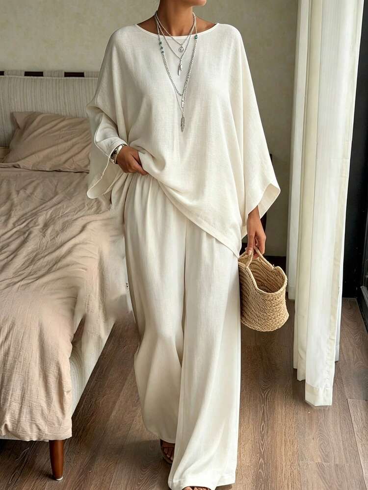 Women's Loose Fit Shirt Top And Flowy White Set, 2 Pieces Outfit, Spring/Summer Lounge Sets For Women