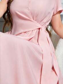 Modelyn 夏季纯色交叉裹身V领短袖连衣裙，前扣设计，女士长款套装 - 粉色 - 查看 5
