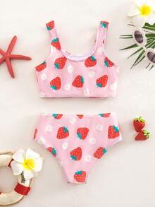 SHEIN Young Girl Strawberry & Floral Print Round Neck Tankini Bikini Set Set - Pink - View 2