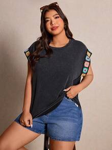 Elaquor 大尺碼女款夏季休閒上衣 1950年代復古傳統 90年代蝴蝶結裝飾 T-shirt 春季度假波西米亞風洋裝 深綠色 - 黑色 - 查看 5