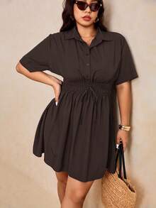Elaquor Vestido casual de talla grande de unicolor con cintura ceñida - Café integral - Ver 4