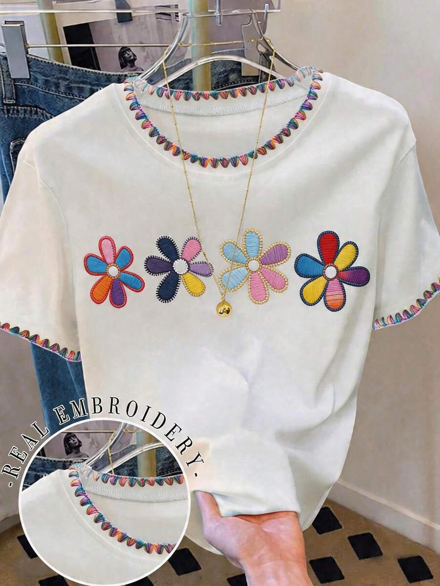1pc Tween Girl Casual Boho Cute White Summer School T-Shirt,Minimalist Contrast Color Embroidery Decor Short Sleeve,Loose Fit,Versatile Floral Style - White - View 1