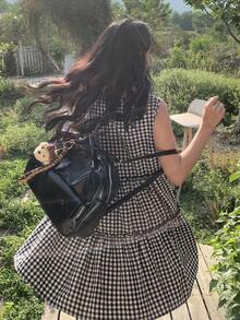 DAZY 女士圆领无袖短款格子休闲连衣裙 - 黑與白 - 查看 3