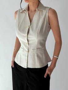 DAZY Women's Solid Color Collared Sleeveless Cinched Waist Shirt, Elegant Summer Vacation Vest Top - Light Grey - View 3