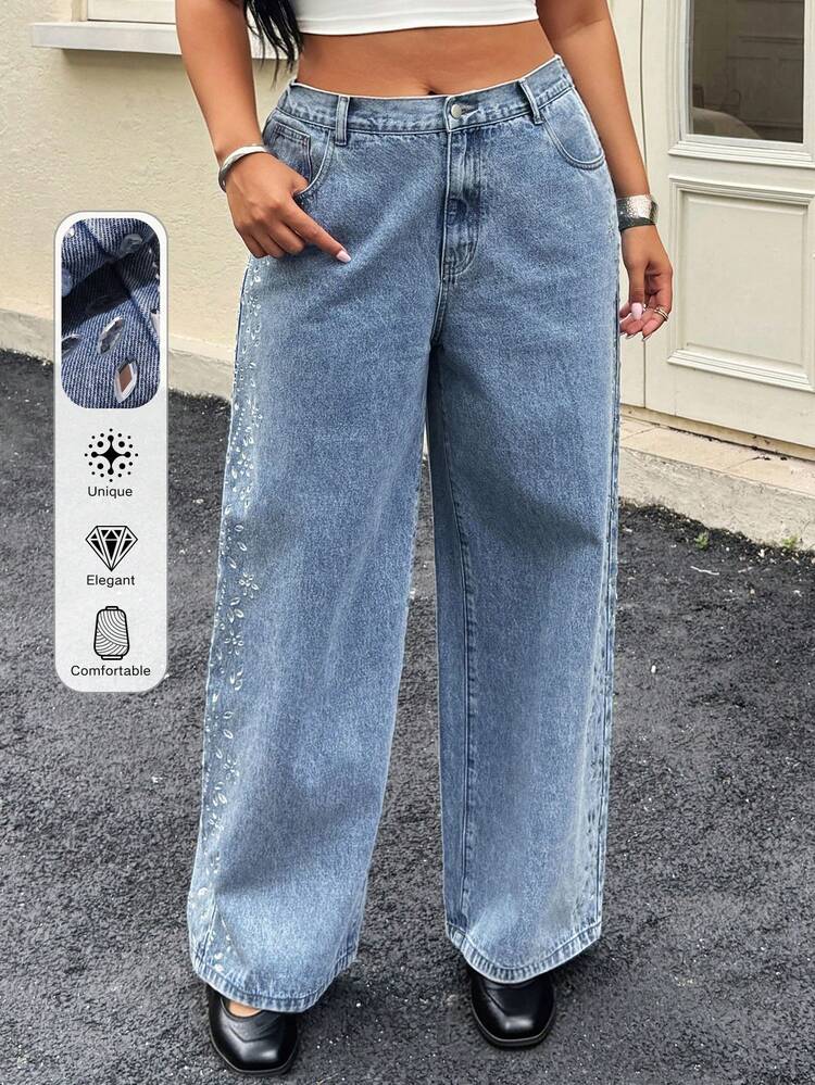 Dazy Plus Rhinestone Embellished Wide Leg Jeans, Casual City Style All Season Plus Size Women Holiday Loose Denim Pants