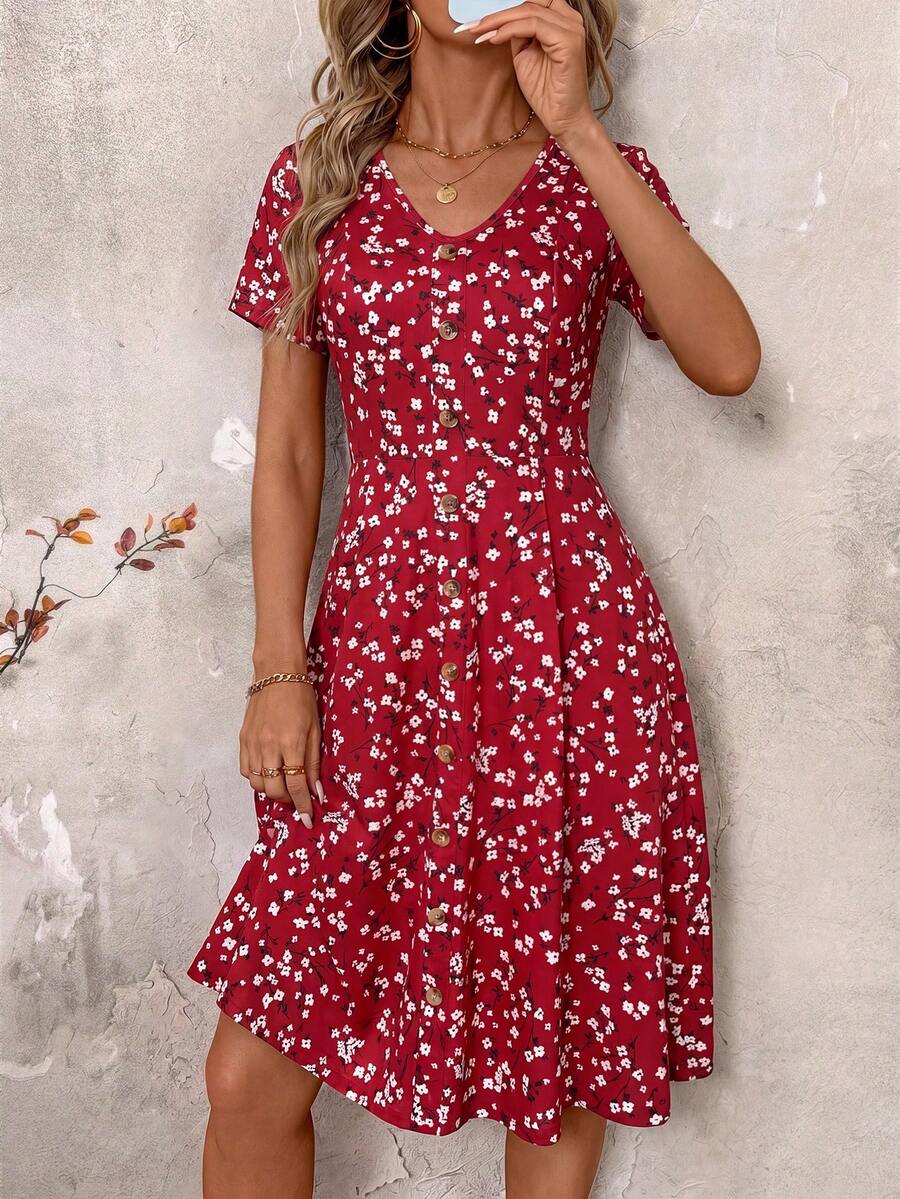 SHEIN Clasi V领收腰前扣A字复古碎花连衣裙 - 紅色 - 查看 1