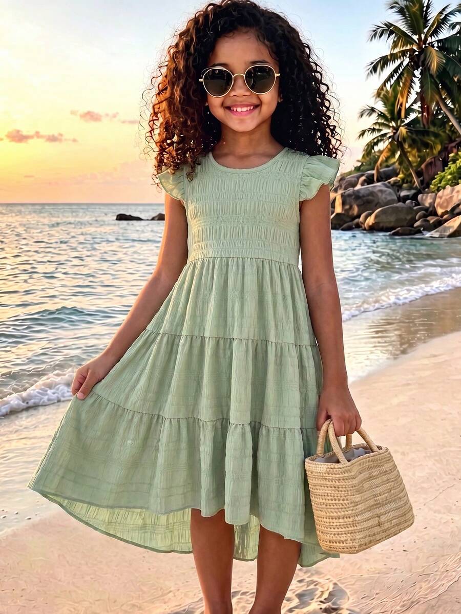 1 pieza Vestido casual de playa de princesa con cuello redondo, volantes en las mangas, tela texturizada verde, cintura elástica y bajo asimétrico para niñas en verano - Verde - Ver 1