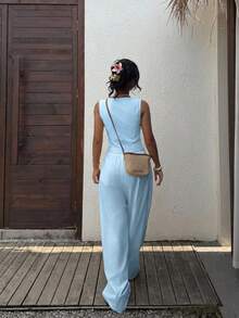 SHEIN EZwear 浅蓝色女士亚麻纽扣吊带背心和抽绳腰长裤套装 - 淺藍色 - 查看 2