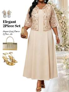 Fleurora 2pcs Plus Size Sequin Decor Short Sleeve Jacket Cream Floral Dress Set Wedding Dinner Special Occasion Summer Elegant - Pink - View 1