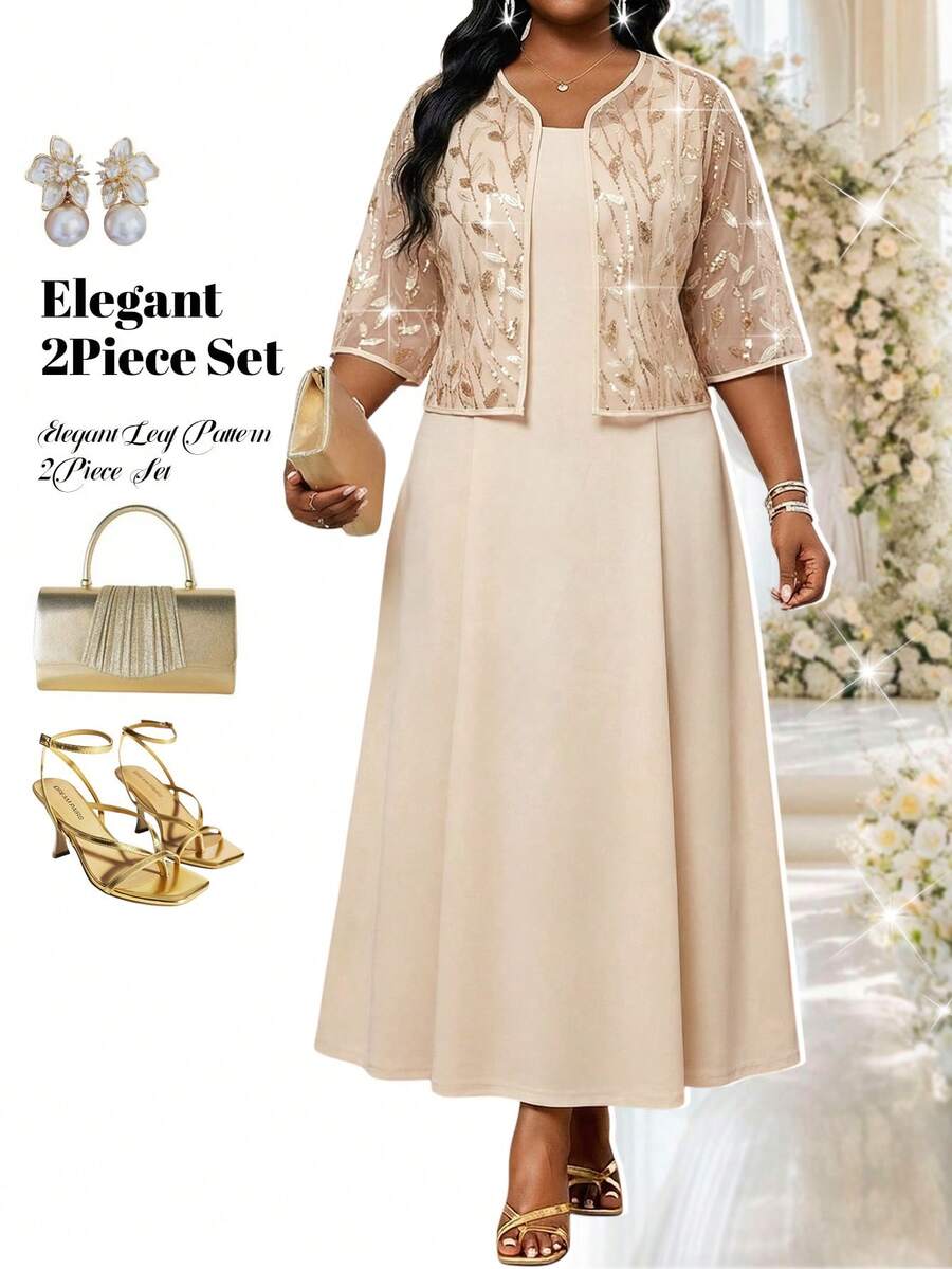 Fleurora 2pcs Plus Size Sequin Decor Short Sleeve Jacket Cream Floral Dress Set Wedding Dinner Special Occasion Summer Elegant - Pink - View 1