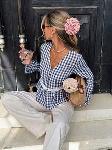 SHEIN Frenchy Áo kiểu nữ thời trang kẻ caro, cài cúc nửa thân, phối ren, cổ chữ V, tay dài. - Màu xanh lam - Xem 5