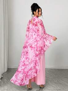 Elenzga Ensemble 2 pièces élégant : Top cape à volants avec imprimé floral en mousseline de soie + Robe nuisette en tricot, grande taille - Rose bonbon - Voir 2
