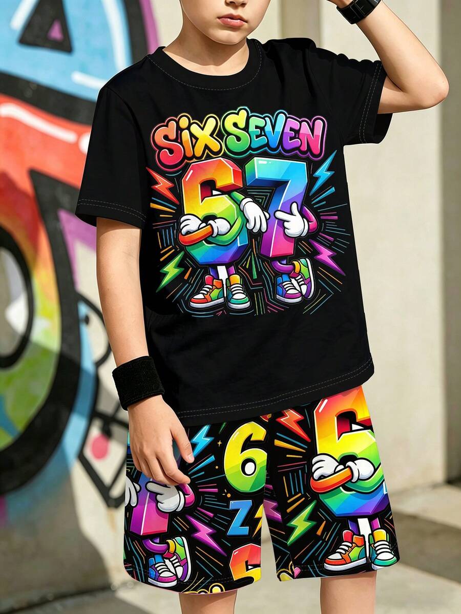 青少年男孩黑色夏季街頭風2件套,城市度假街頭嘻哈風寬鬆卡通數字67彩虹印花短袖T恤與時尚短褲 - 彩色 - 查看 1