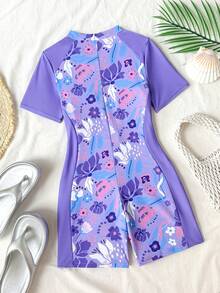 SHEIN 少女时尚休闲度假泳衣，紫色拼接碎花拉链连体泳衣，夏季海滩 - 紫色 - 查看 2