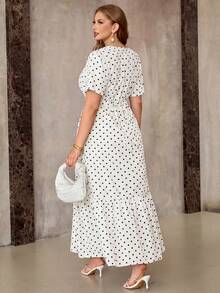 Plus Size Polka Dot Short Sleeve Waist Cinching Dress - White - View 2