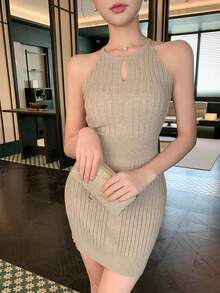 DAZY Women's Simple Solid Color Halter Ribbed Knit Dress, Summer - Khaki - View 3