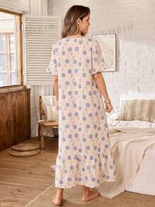 Serenescape Women's Casual Vacation Floral Print Patchwork Ruffle Hem Long Nightgown - Apricot - View 2