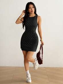 SHEIN EZwear 黑色波点印花露背紧身连衣裙 - 咖啡 - 查看 4