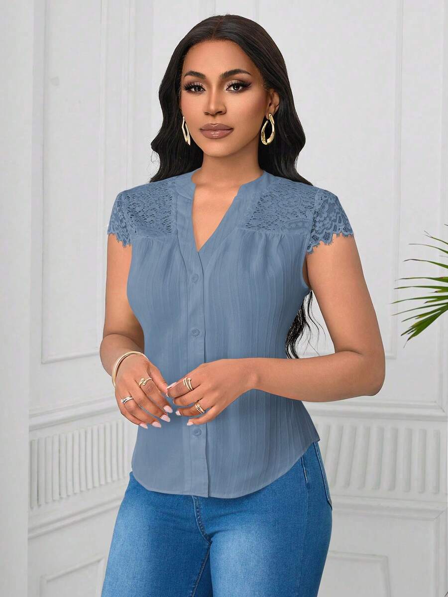 Lunelith SHEIN Lunessa Elegant Lace Patchwork Wave Striped Short Sleeve Women Blouse - Blue - View 1